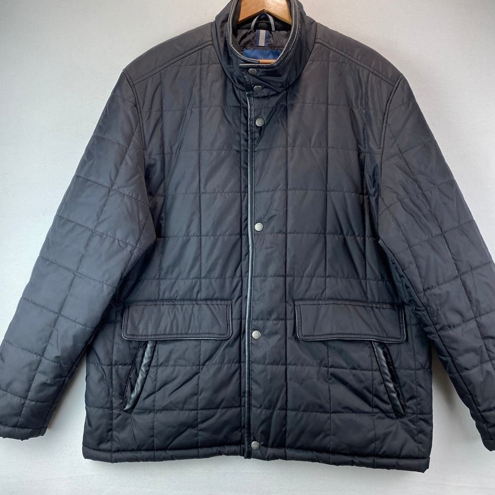 Cole Haan Quilted Barn Jacket Mens XL Black Nylon Leather Trim Snap Zip Coat